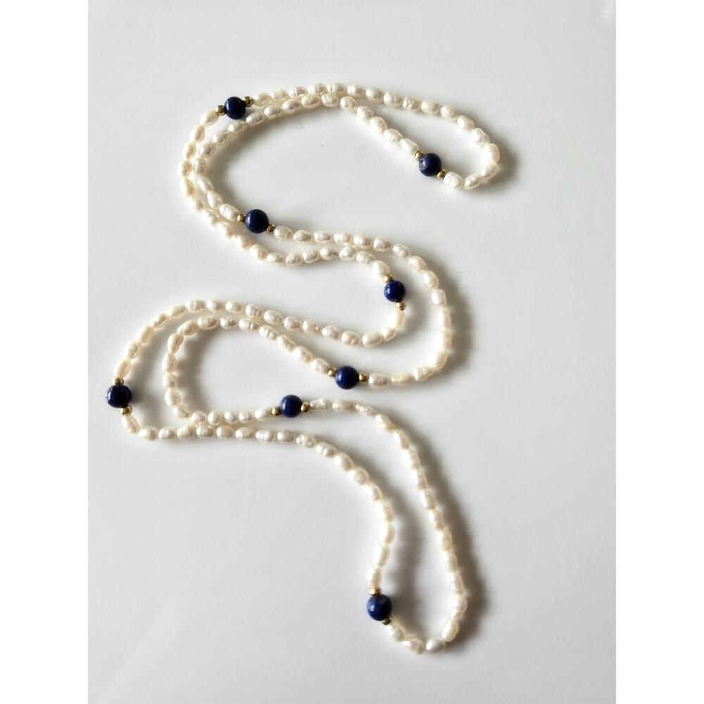Vintage Natural Seed Pearl and Lapis Lazuli Bead Necklace
